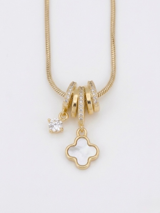 SC JEWELRY Jewelry - 14K Gold Plated MoP Clover Necklace | CZ Pavé Rings & Crystal Charm